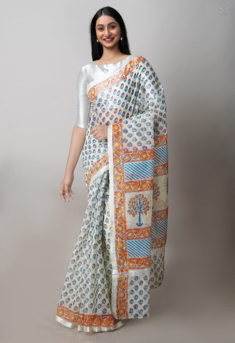 Cream Pure  Block Printed Kota  Cotton Saree-UNM71405