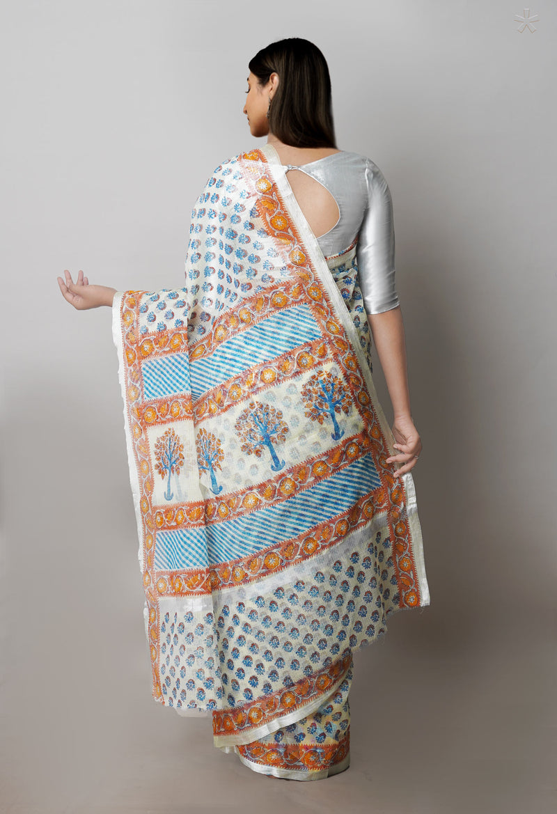 Cream Pure  Block Printed Kota  Cotton Saree-UNM71405