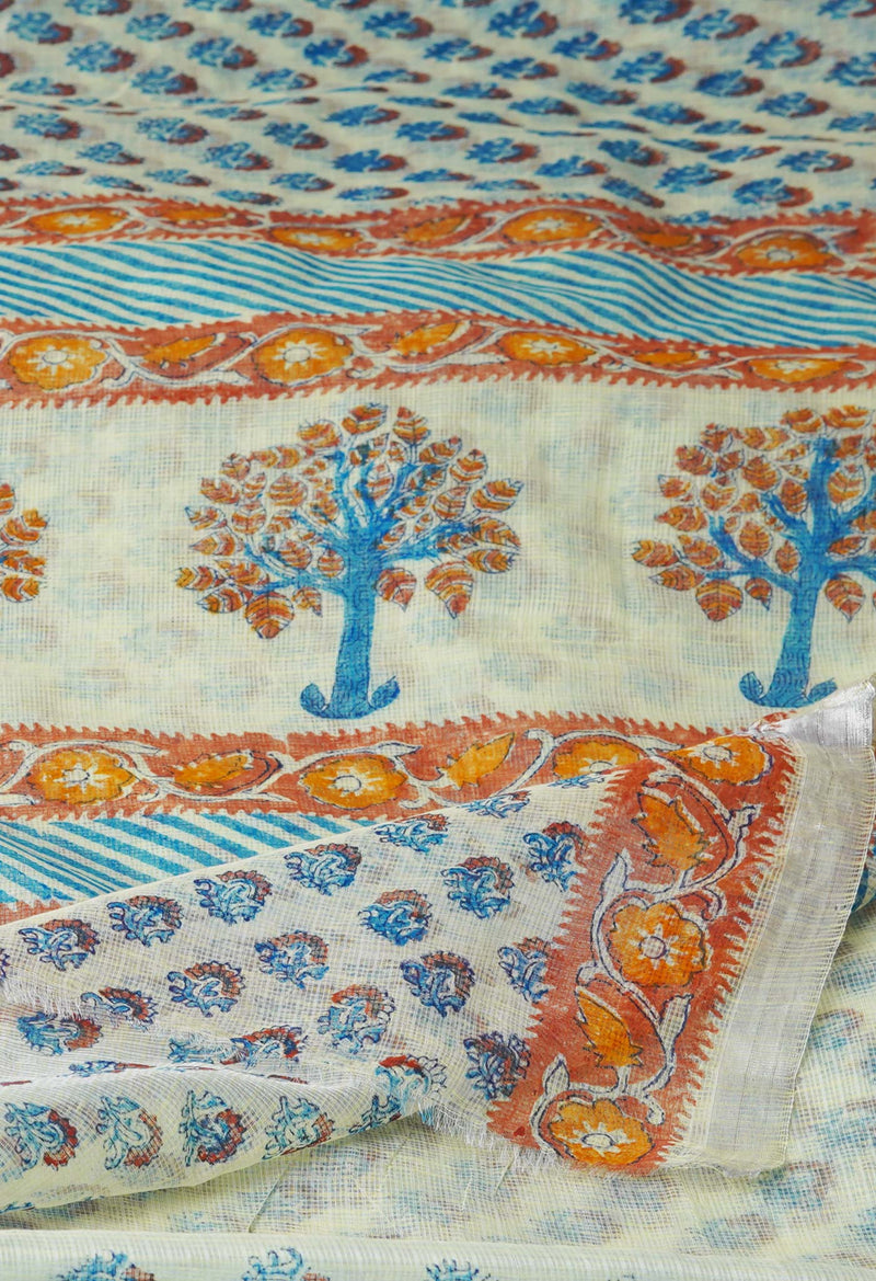 Cream Pure  Block Printed Kota  Cotton Saree-UNM71405