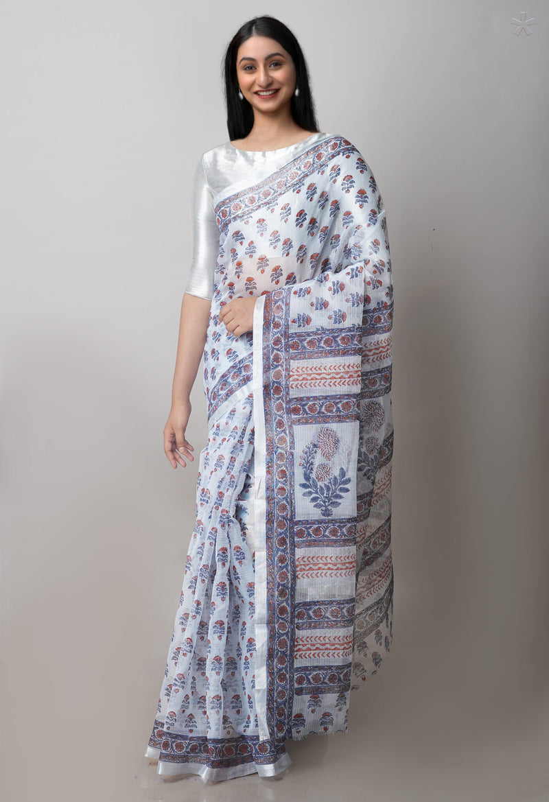 Grey Pure  Block Printed Kota  Cotton Saree-UNM71408