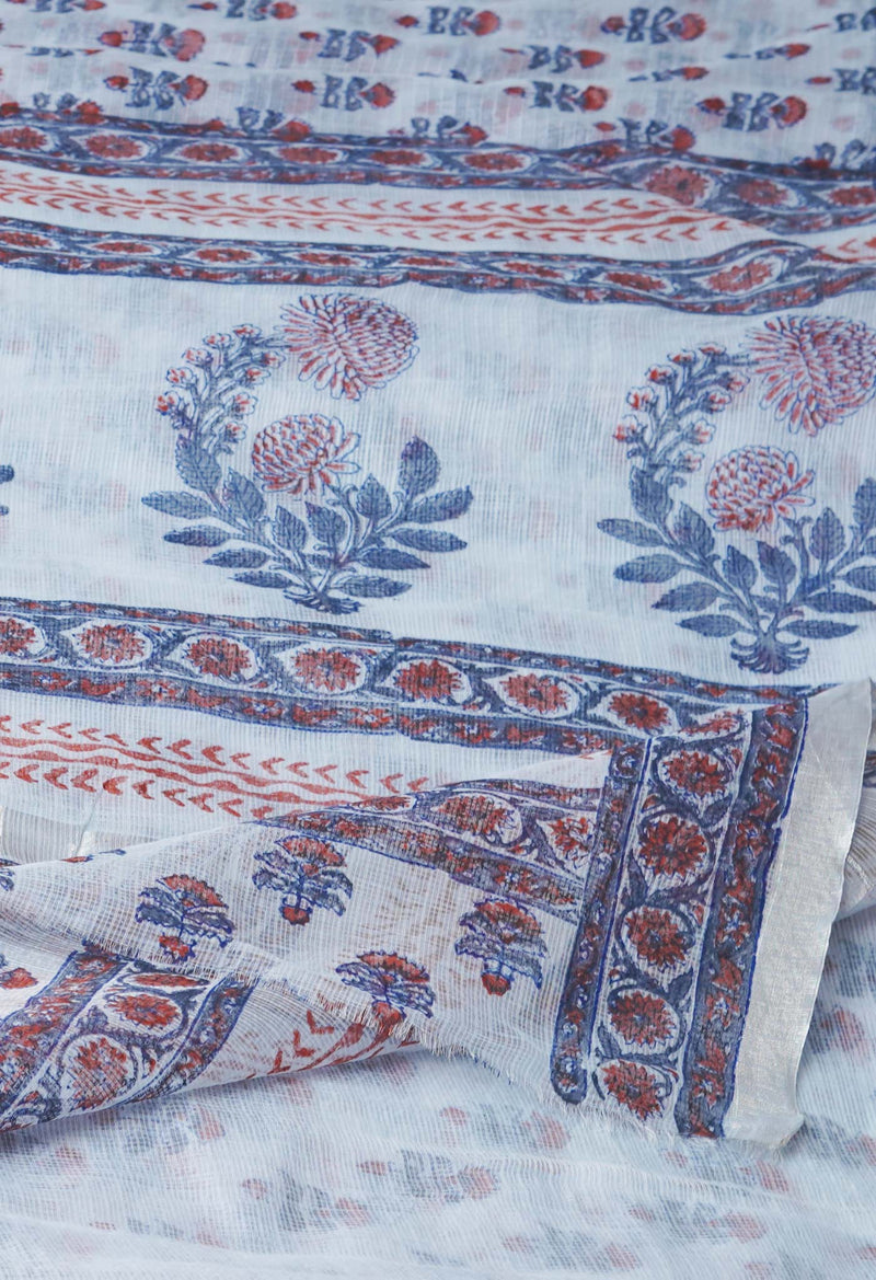 Grey Pure  Block Printed Kota  Cotton Saree-UNM71408