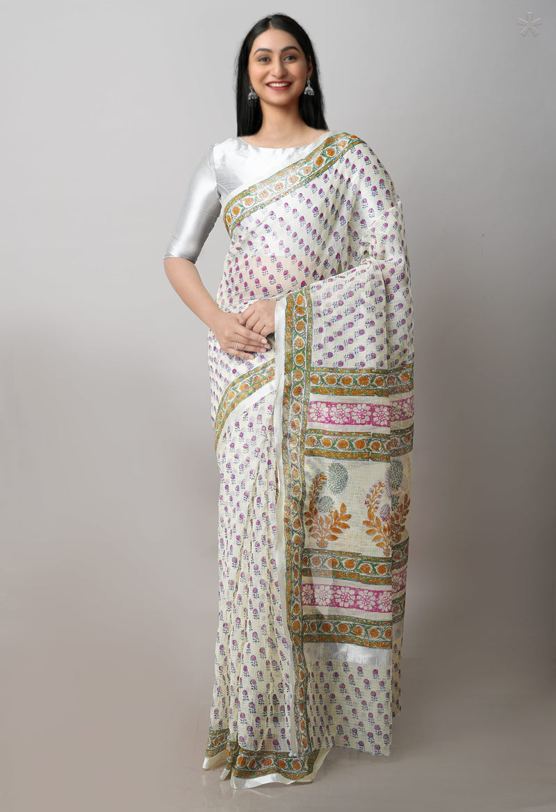 Cream Pure  Block Printed Kota  Cotton Saree-UNM71409