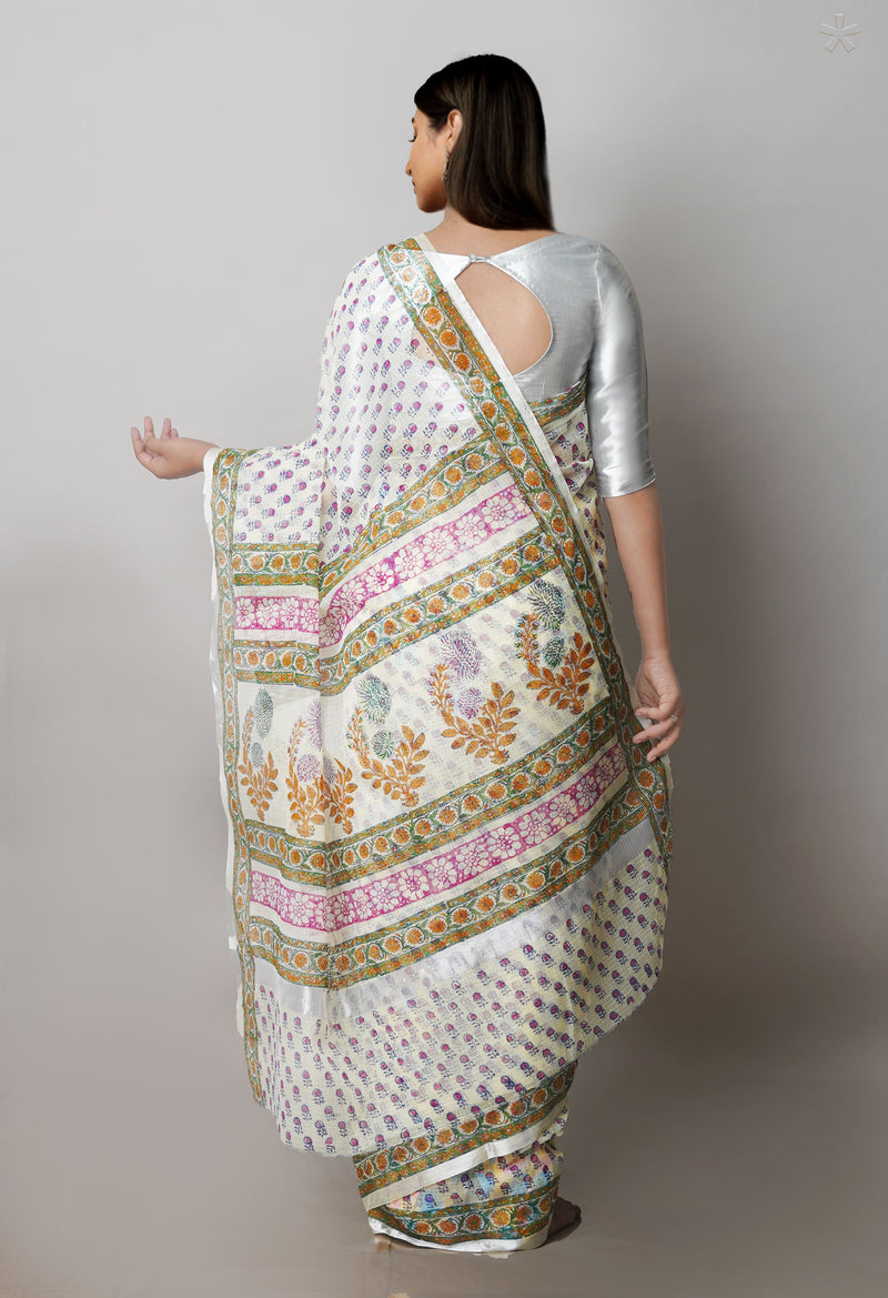 Cream Pure  Block Printed Kota  Cotton Saree-UNM71409