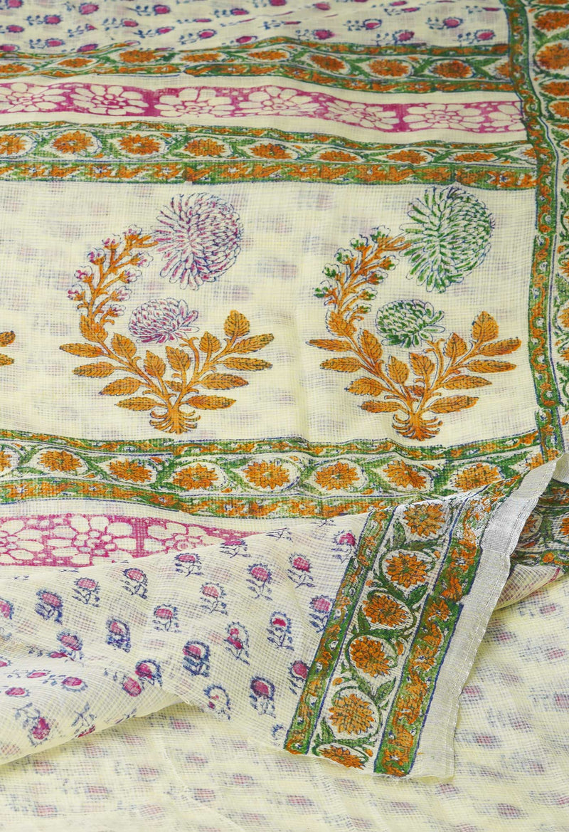 Cream Pure  Block Printed Kota  Cotton Saree-UNM71409