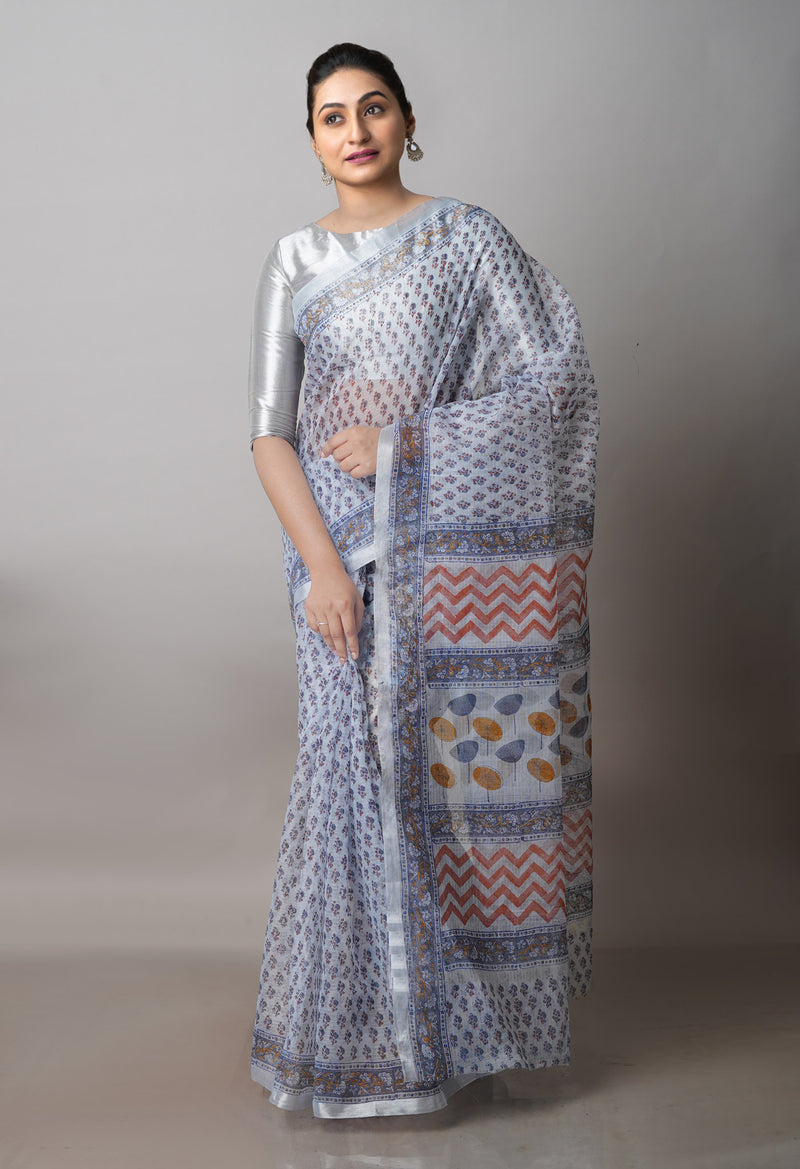 Light Grey Pure  Block Printed Kota  Cotton Saree-UNM71416