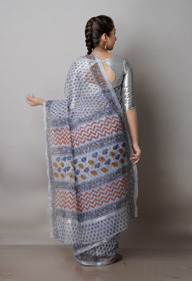 Light Grey Pure  Block Printed Kota  Cotton Saree-UNM71416