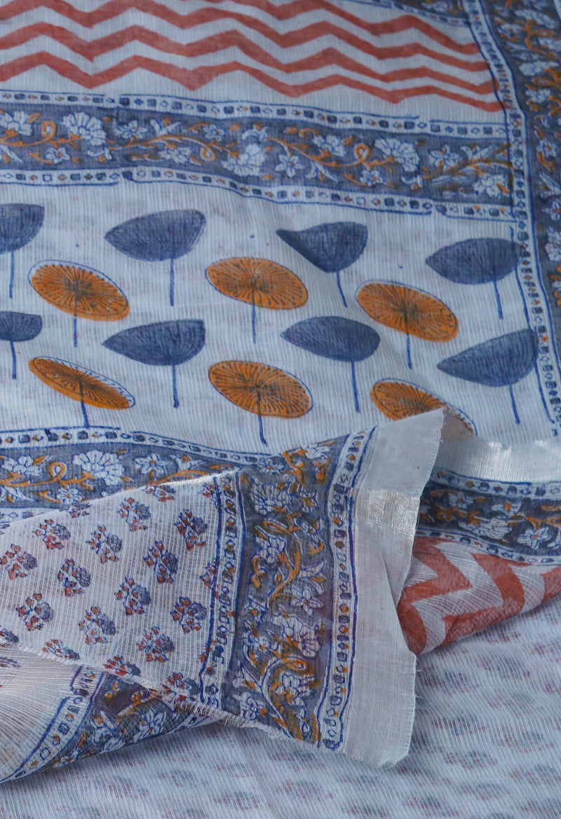 Light Grey Pure  Block Printed Kota  Cotton Saree-UNM71416