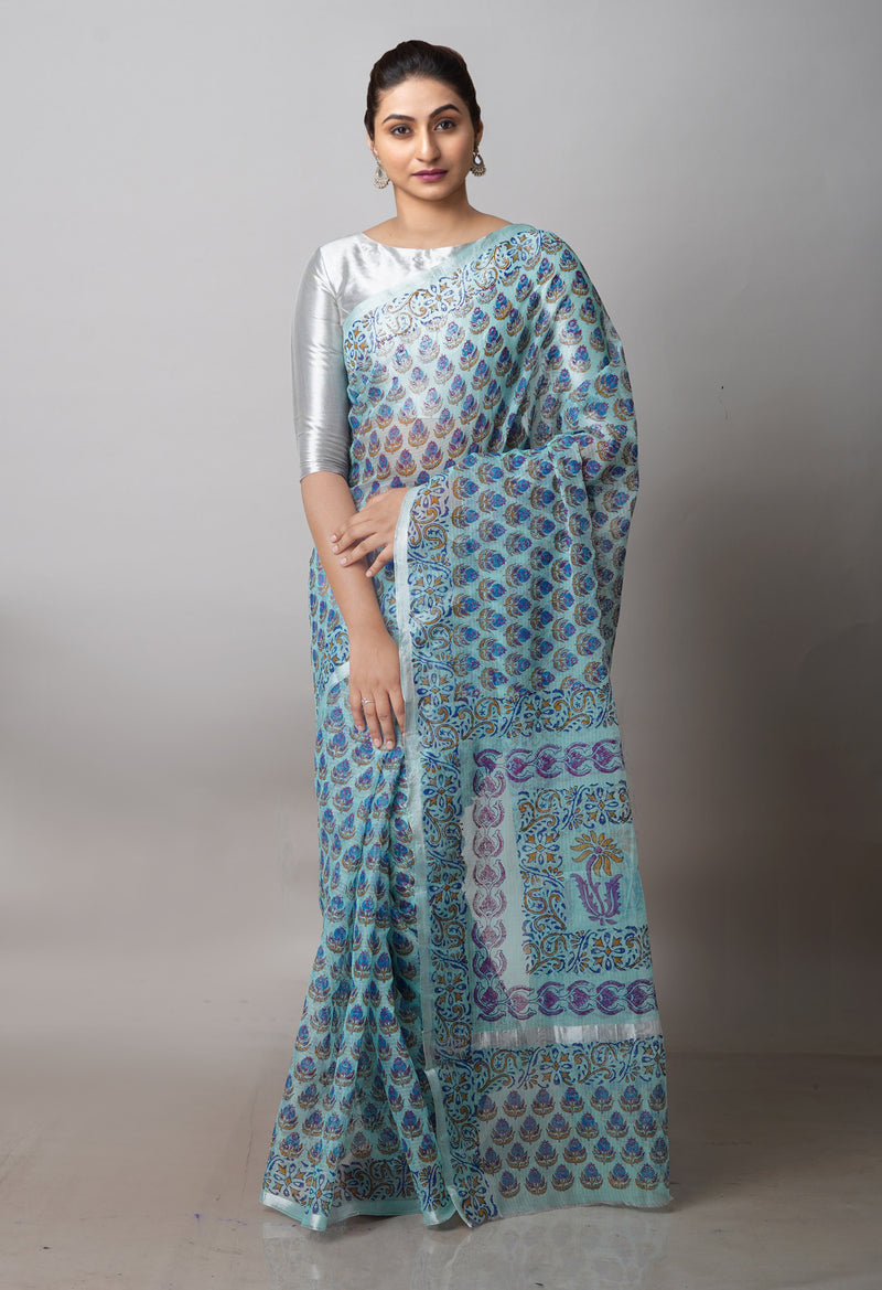 Blue Pure  Block Printed Kota  Cotton Saree-UNM71417