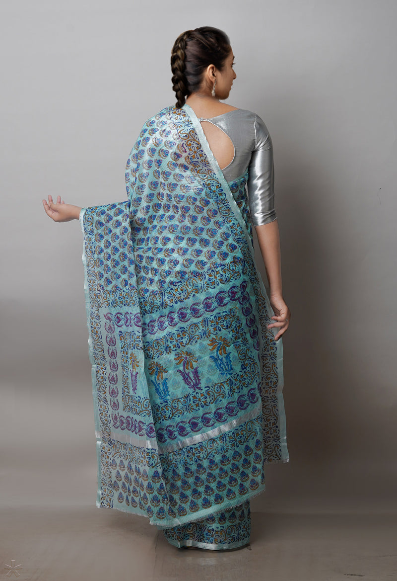 Blue Pure  Block Printed Kota  Cotton Saree-UNM71417