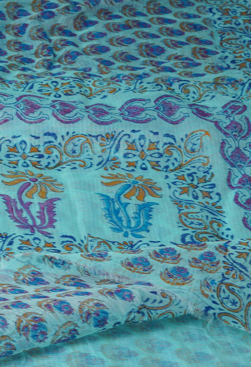 Blue Pure  Block Printed Kota  Cotton Saree-UNM71417
