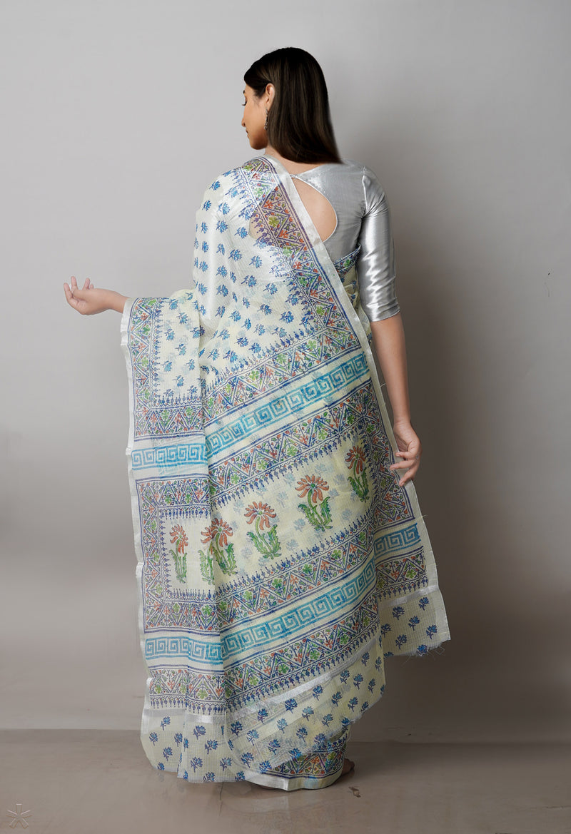 Cream Pure  Block Printed Kota  Cotton Saree-UNM71421