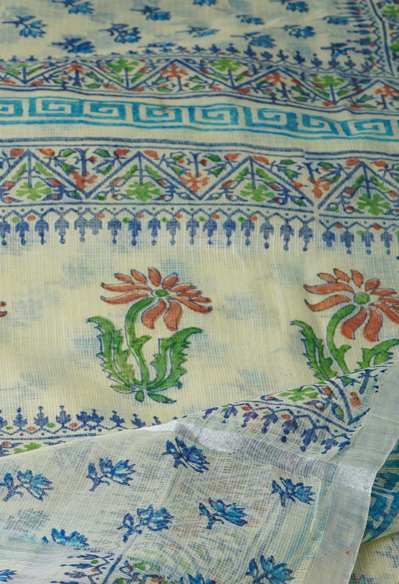 Cream Pure  Block Printed Kota  Cotton Saree-UNM71421