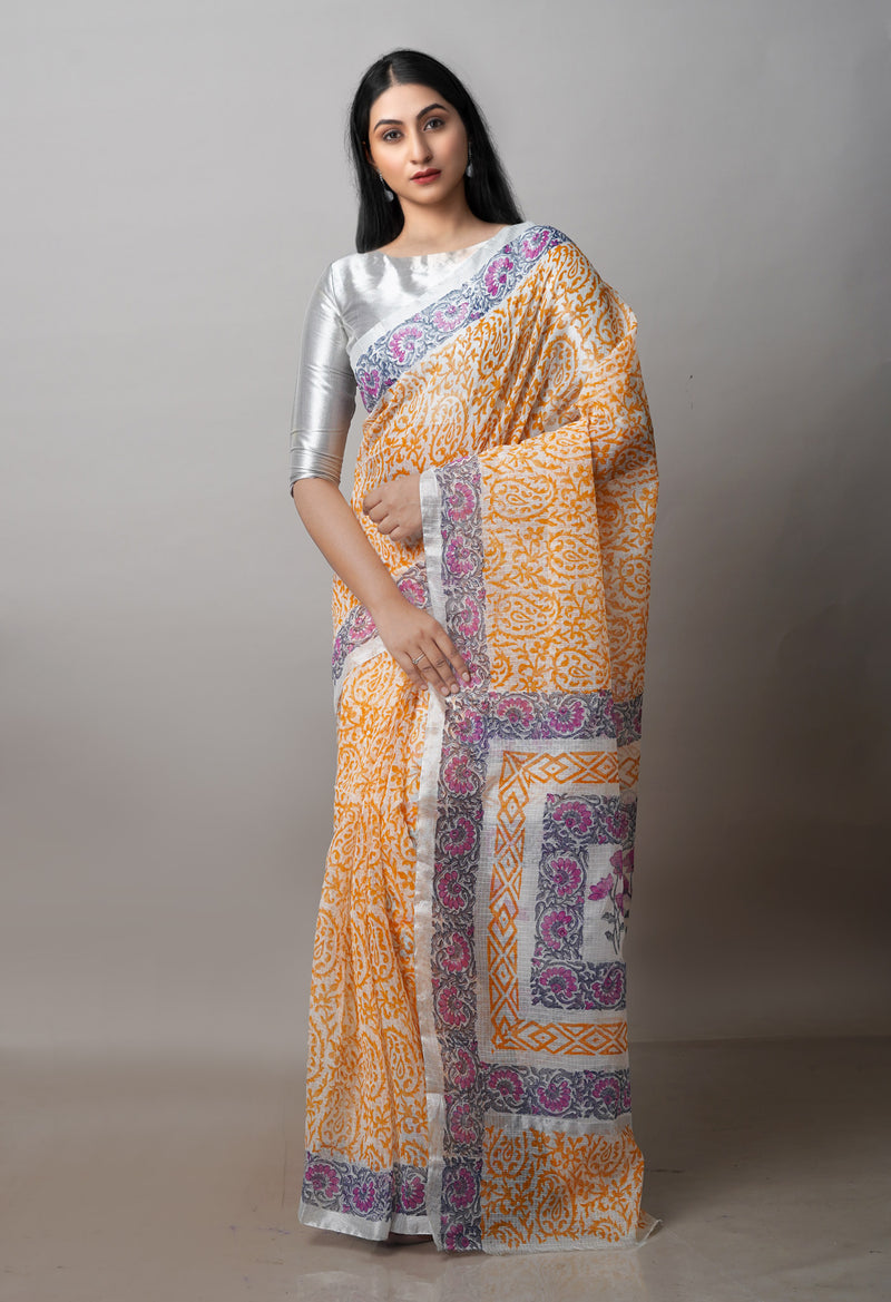 Cream-Orange Pure  Block Printed Kota  Cotton Saree-UNM71424