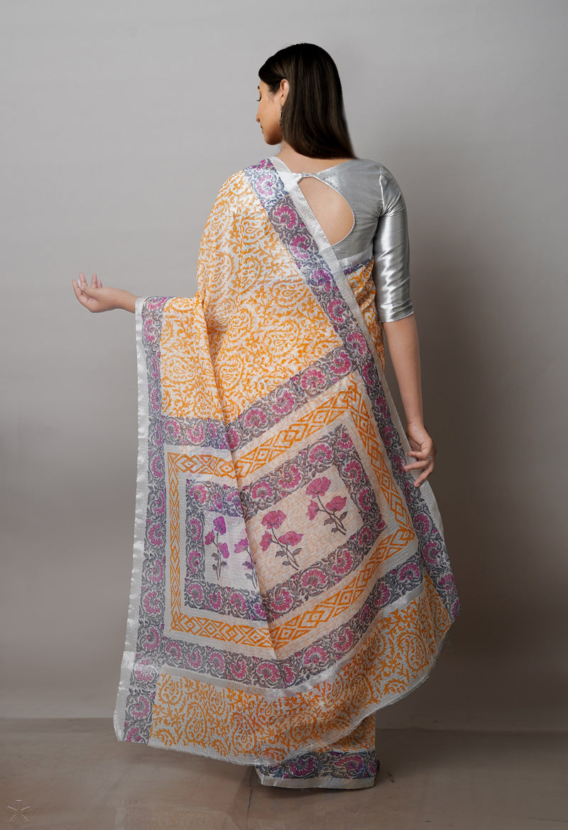 Cream-Orange Pure  Block Printed Kota  Cotton Saree-UNM71424