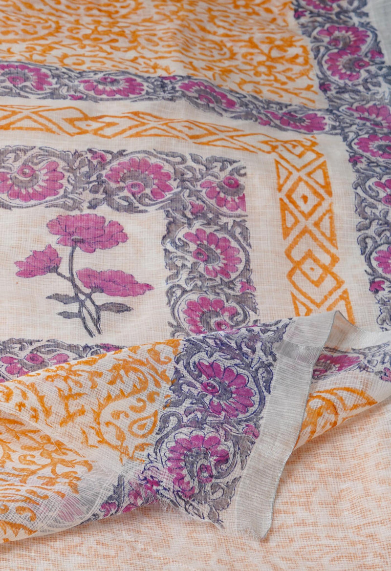 Cream-Orange Pure  Block Printed Kota  Cotton Saree-UNM71424