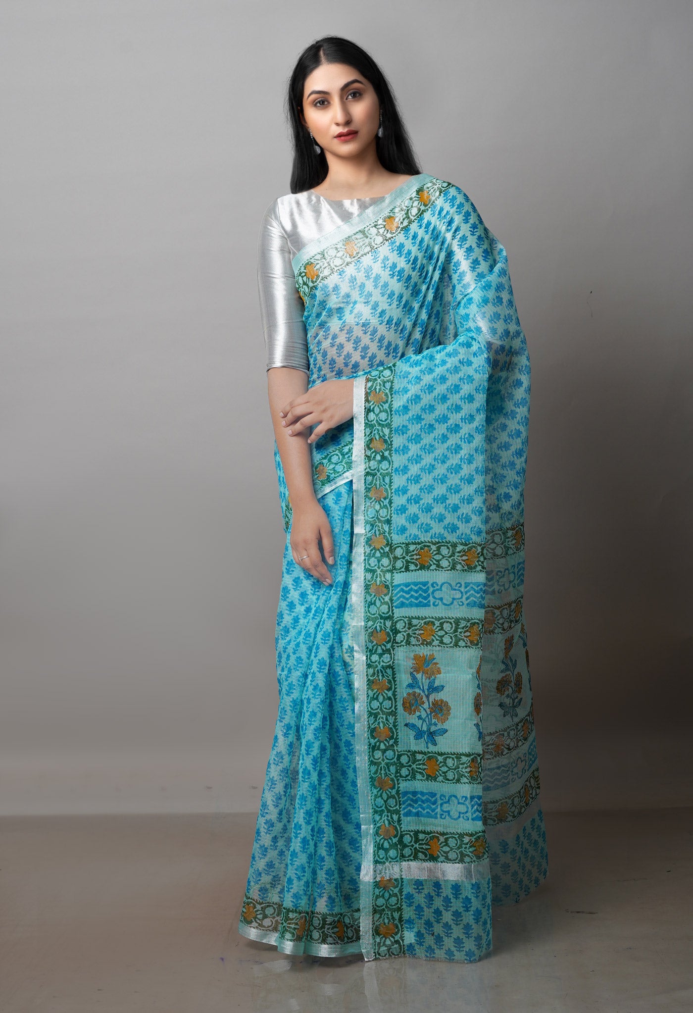 Blue Pure  Block Printed Kota  Cotton Saree-UNM71425