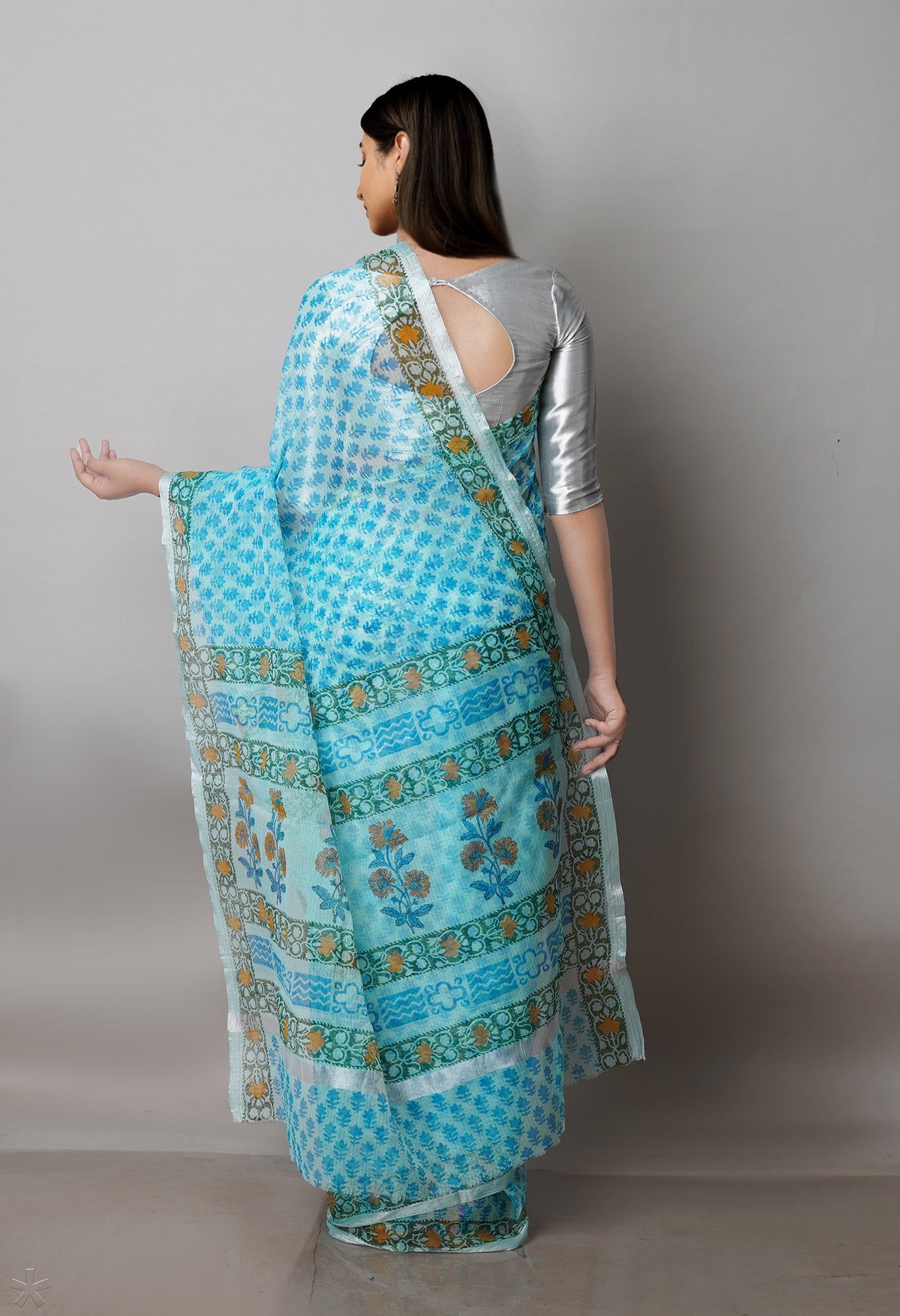 Blue Pure  Block Printed Kota  Cotton Saree-UNM71425