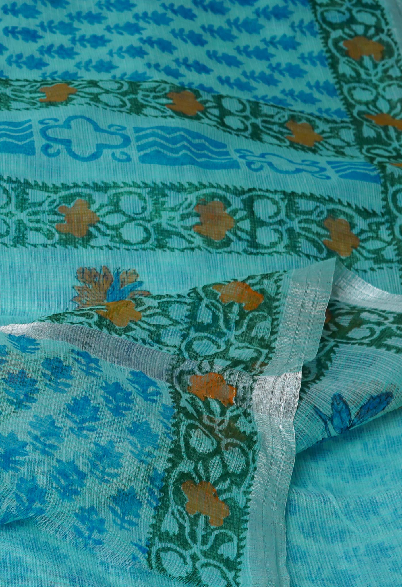 Blue Pure  Block Printed Kota  Cotton Saree-UNM71425