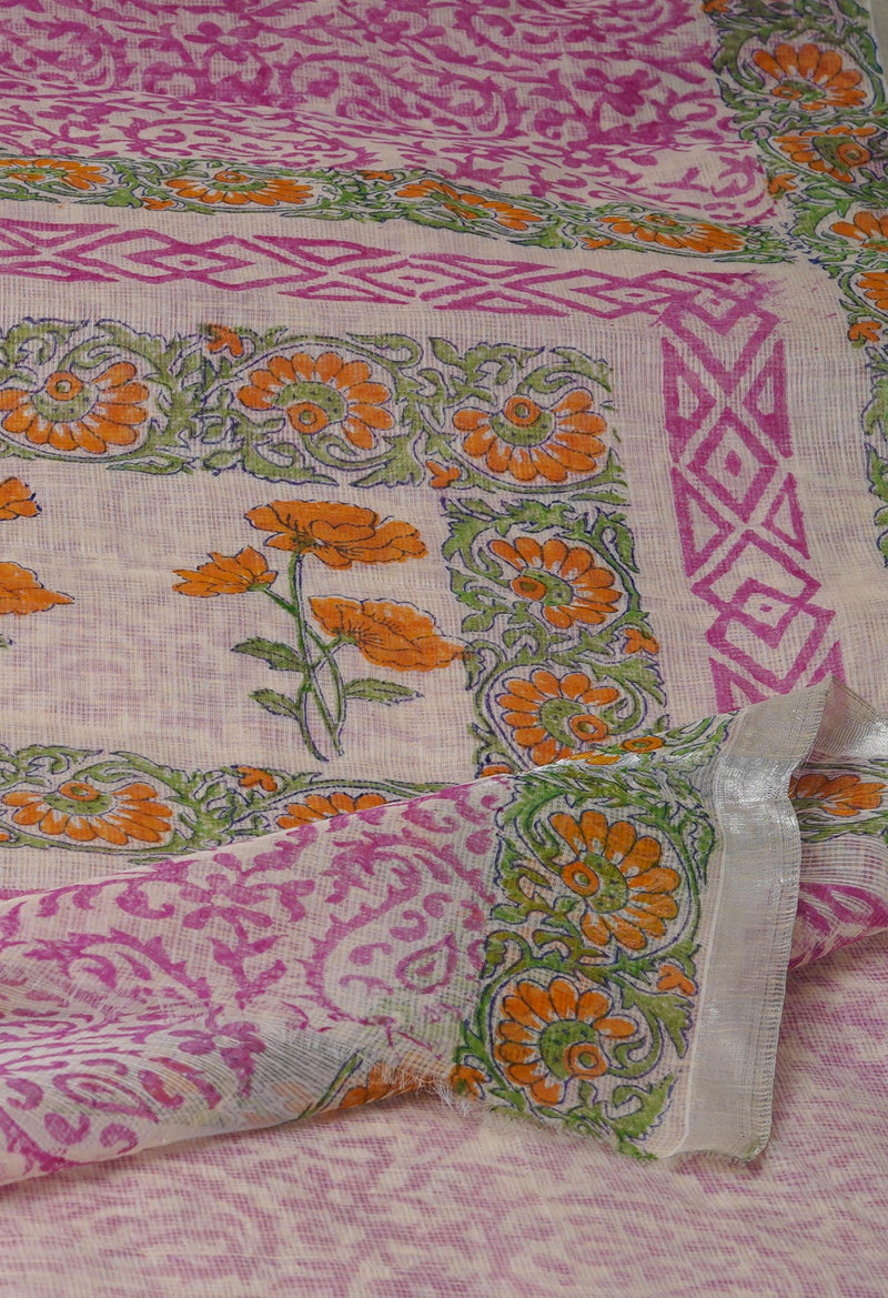 Pink Pure  Block Printed Kota  Cotton Saree-UNM71426
