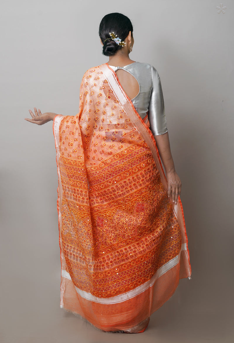 Orange  Block Printed Kota Saree With Chips and  Hand Kantha work-UNM71430