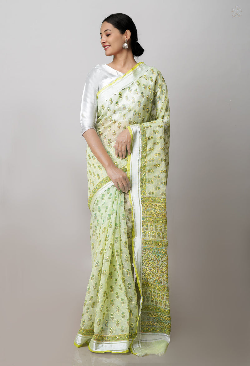 Green  Block Printed Kota Saree With Chips and  Hand Kantha work-UNM71431