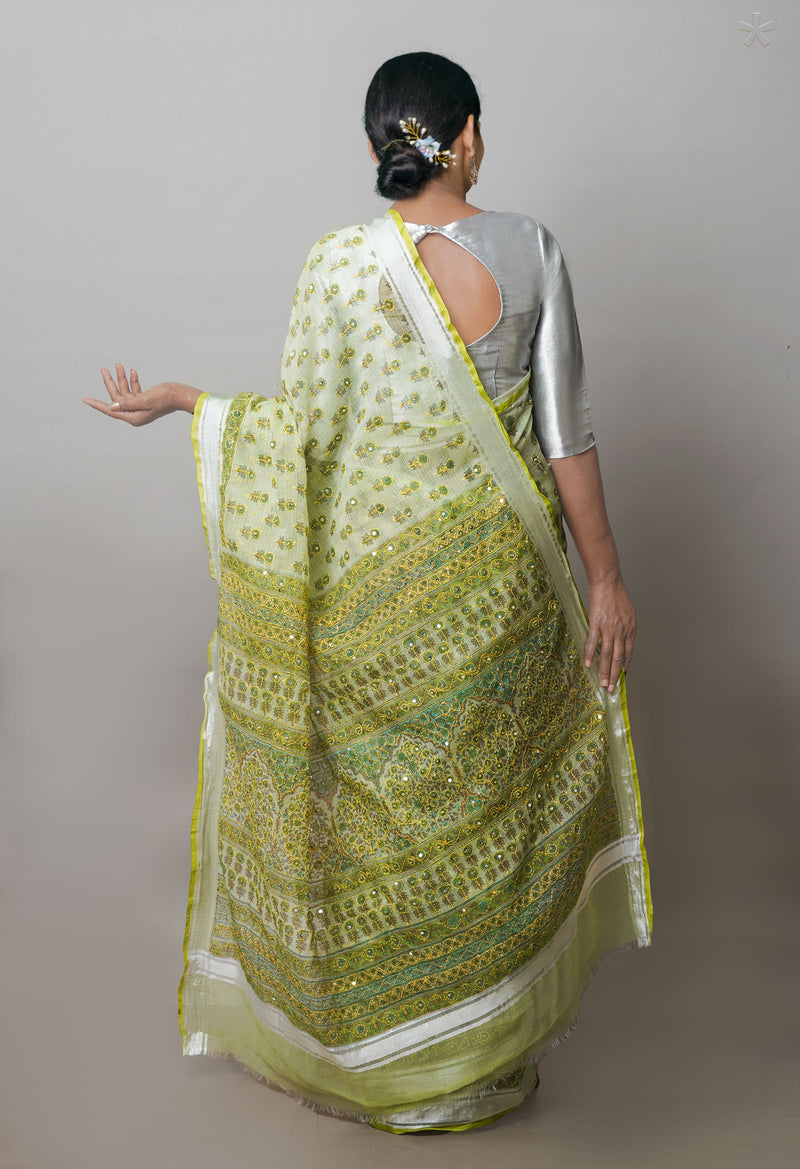 Green  Block Printed Kota Saree With Chips and  Hand Kantha work-UNM71431