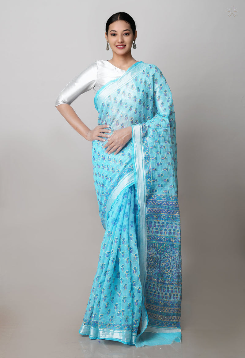 Sky Blue  Block Printed Kota Saree With Chips and  Hand Kantha work-UNM71433
