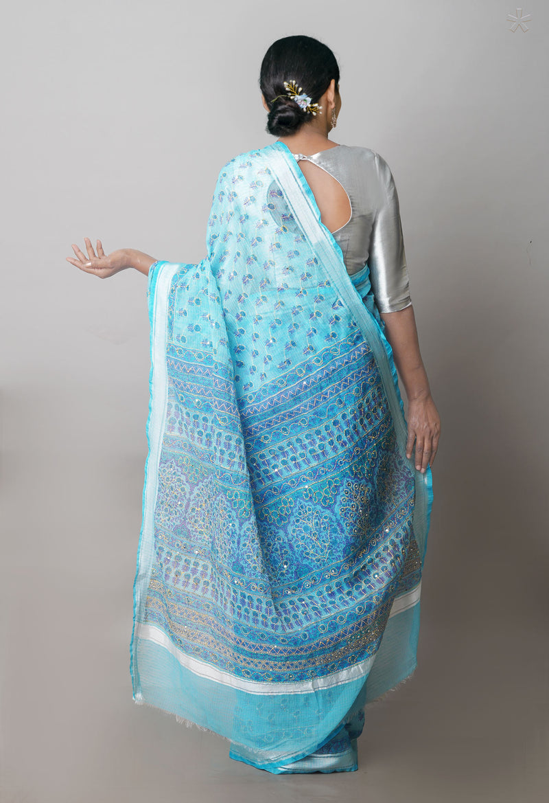 Sky Blue  Block Printed Kota Saree With Chips and  Hand Kantha work-UNM71433