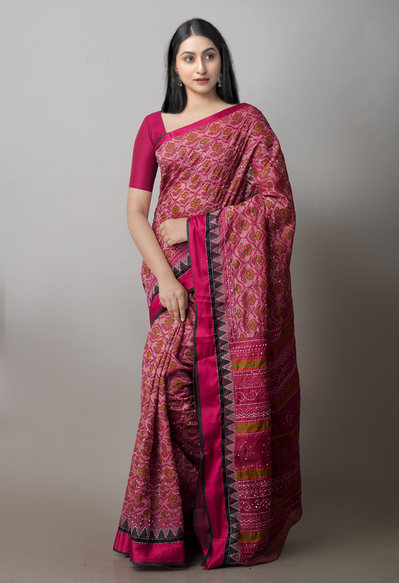 Maroon  Screen Printed Chanderi Sico Saree With Thread Knot and Kantha Work -UNM71434