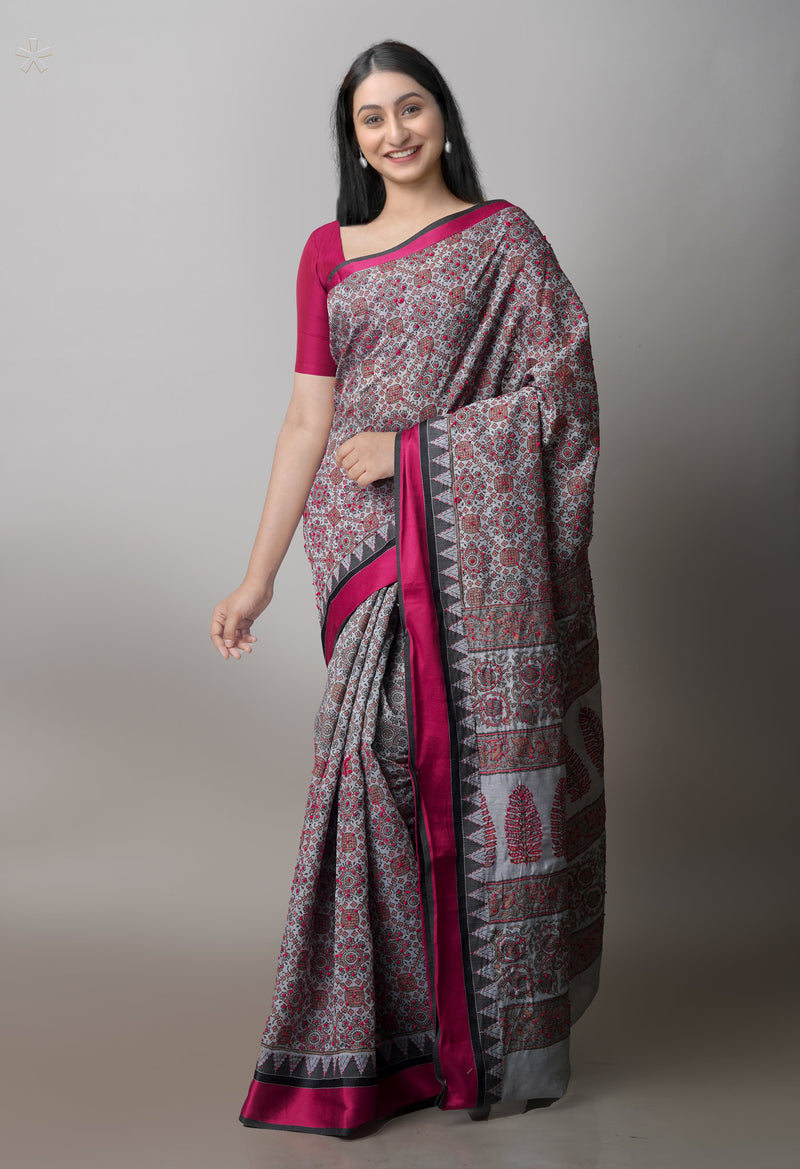 Grey  Screen Printed Chanderi Sico Saree With Thread Knot and Kantha Work -UNM71436