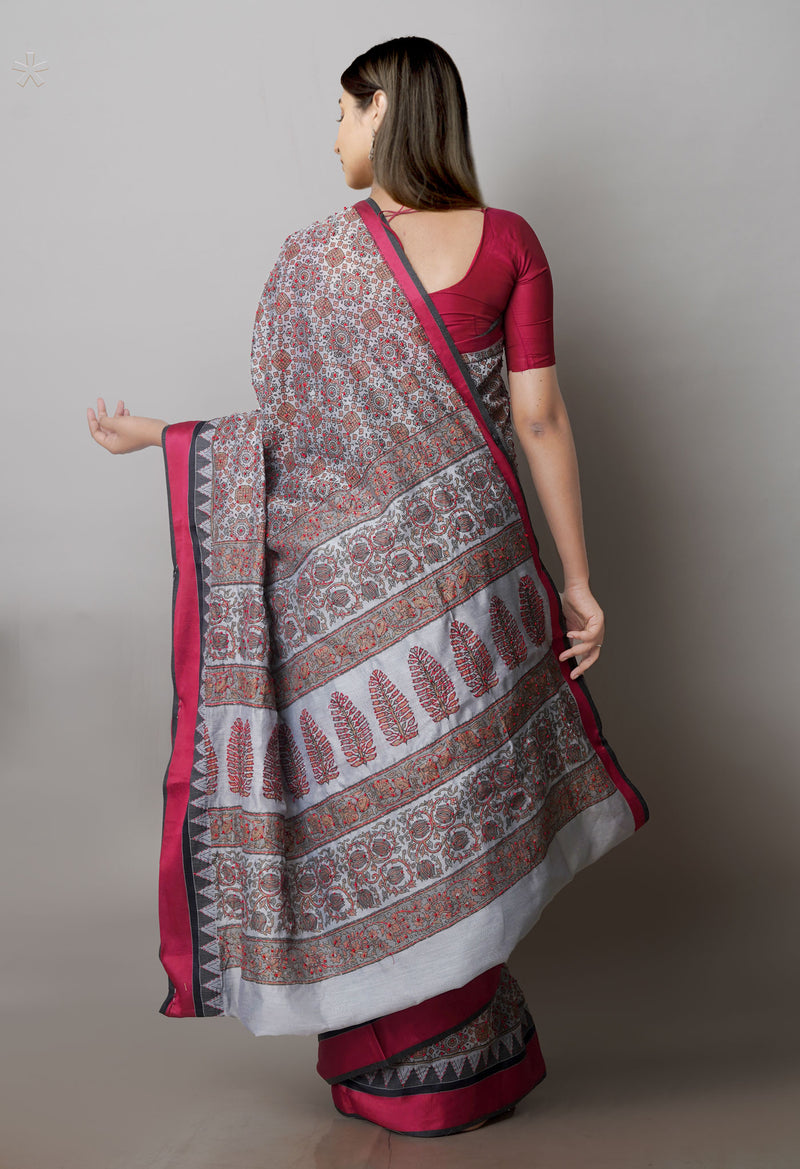 Grey  Screen Printed Chanderi Sico Saree With Thread Knot and Kantha Work -UNM71436