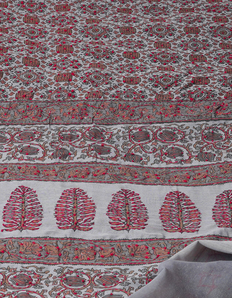 Grey  Screen Printed Chanderi Sico Saree With Thread Knot and Kantha Work -UNM71436