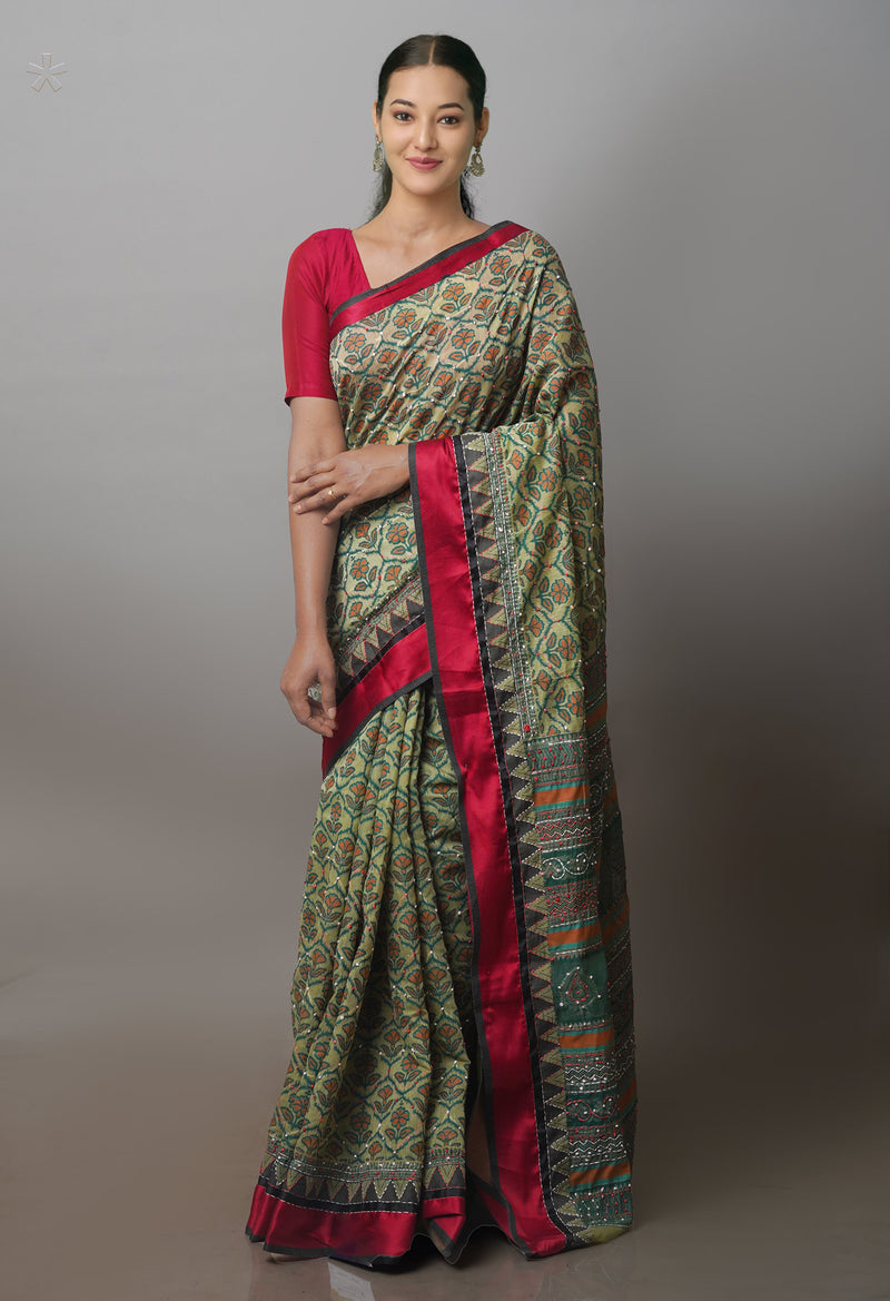 Green  Screen Printed Chanderi Sico Saree With Thread Knot and Kantha Work -UNM71437