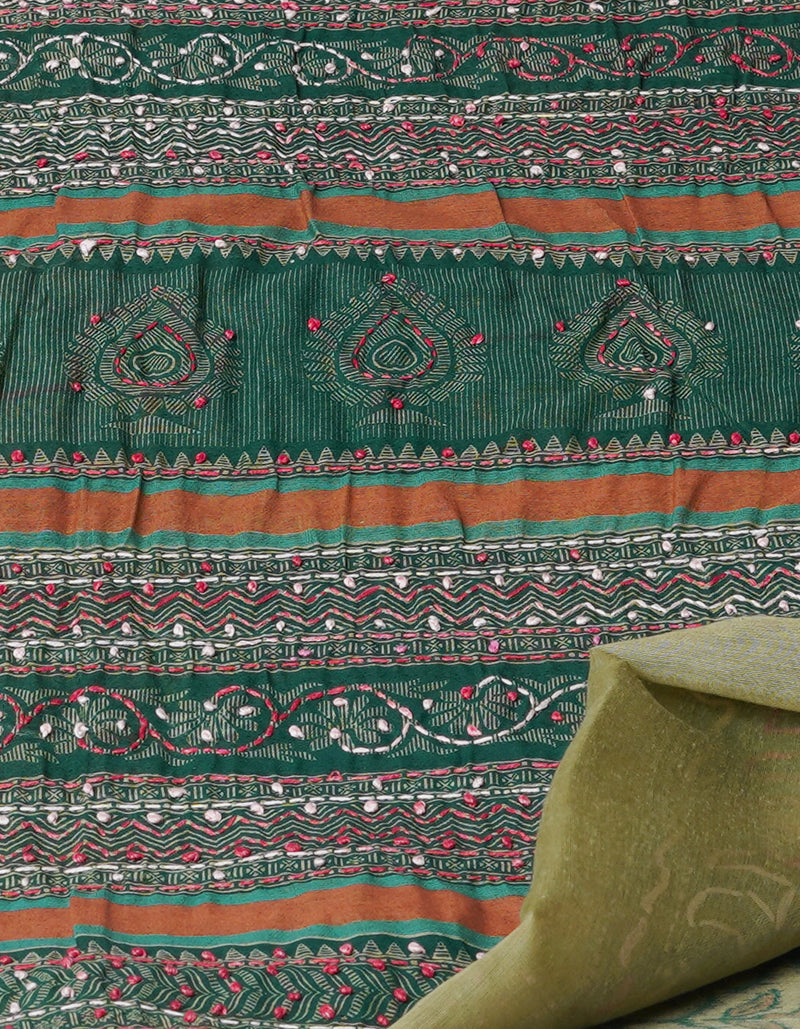 Green  Screen Printed Chanderi Sico Saree With Thread Knot and Kantha Work -UNM71437
