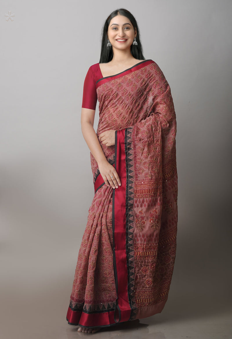Light Brown  Screen Printed Chanderi Sico Saree With Thread Knot and Kantha Work -UNM71438