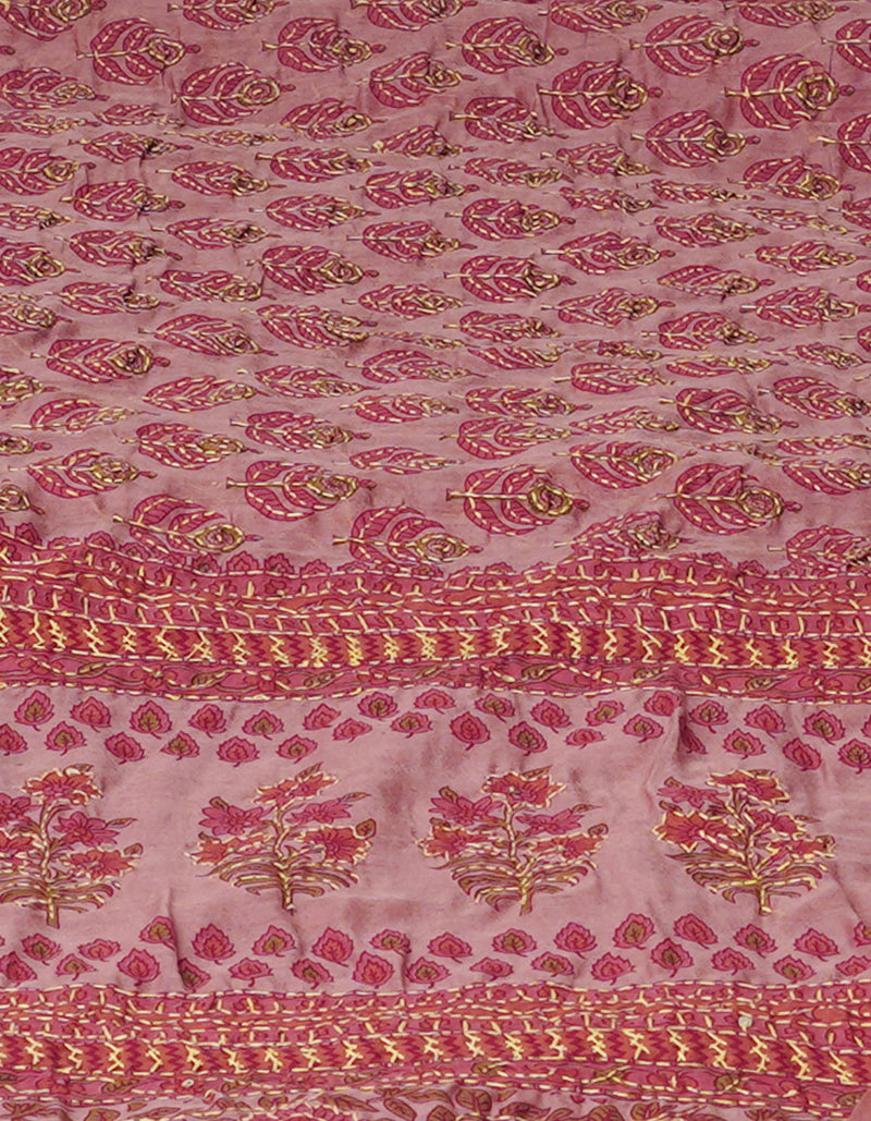 Light Brown  Screen Printed Chanderi Sico Saree With Thread Knot and Kantha Work -UNM71438