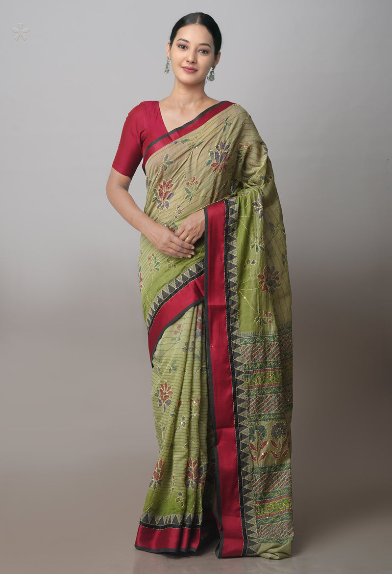 Green  Screen Printed Chanderi Sico Saree With Thread Knot and Kantha Work -UNM71440