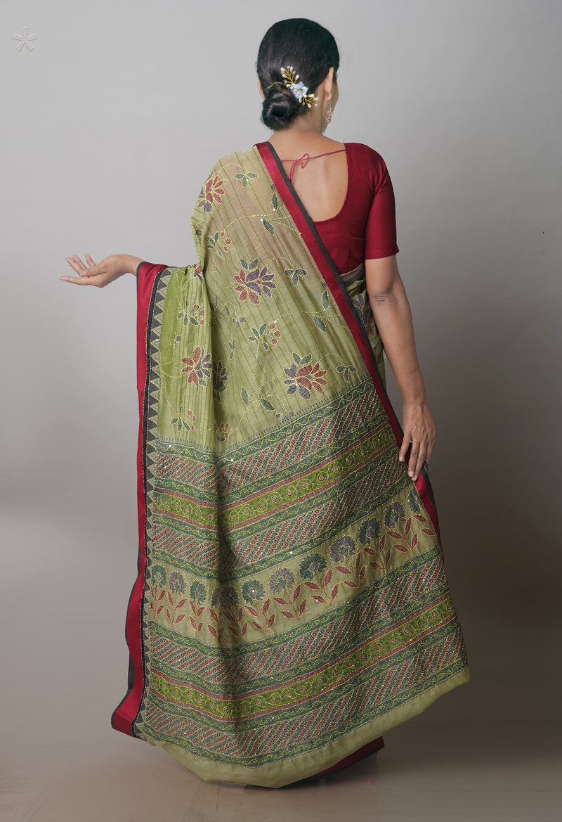 Green  Screen Printed Chanderi Sico Saree With Thread Knot and Kantha Work -UNM71440