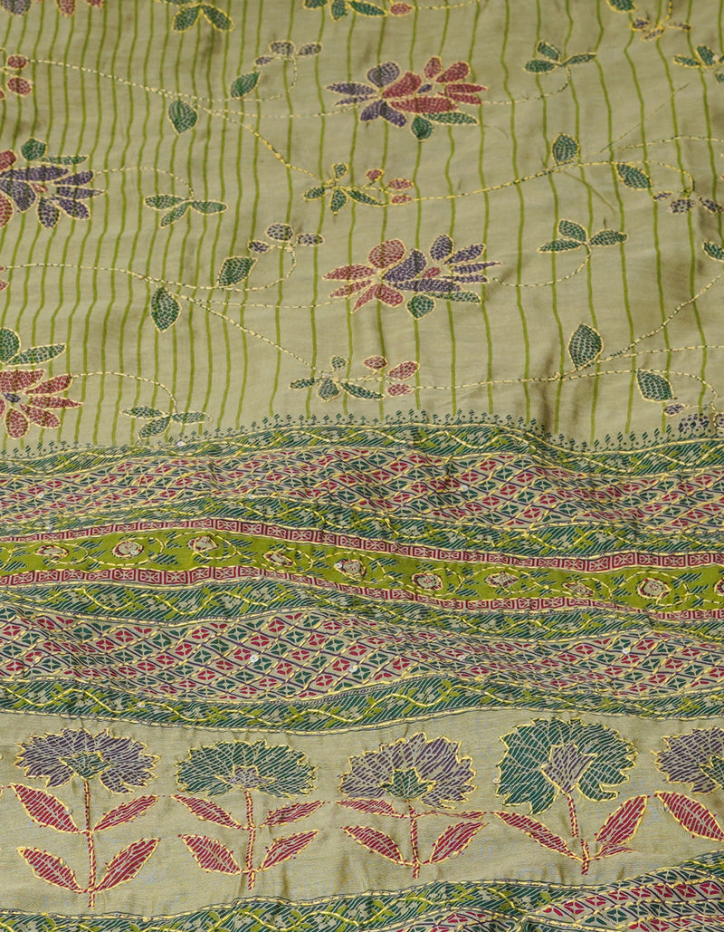 Green  Screen Printed Chanderi Sico Saree With Thread Knot and Kantha Work -UNM71440
