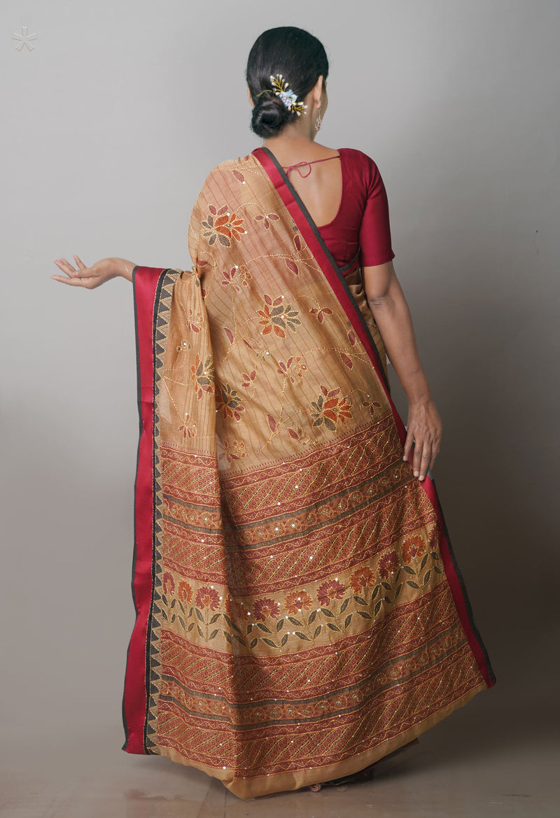 Brown  Screen Printed Chanderi Sico Saree With Thread Knot and Kantha Work -UNM71441