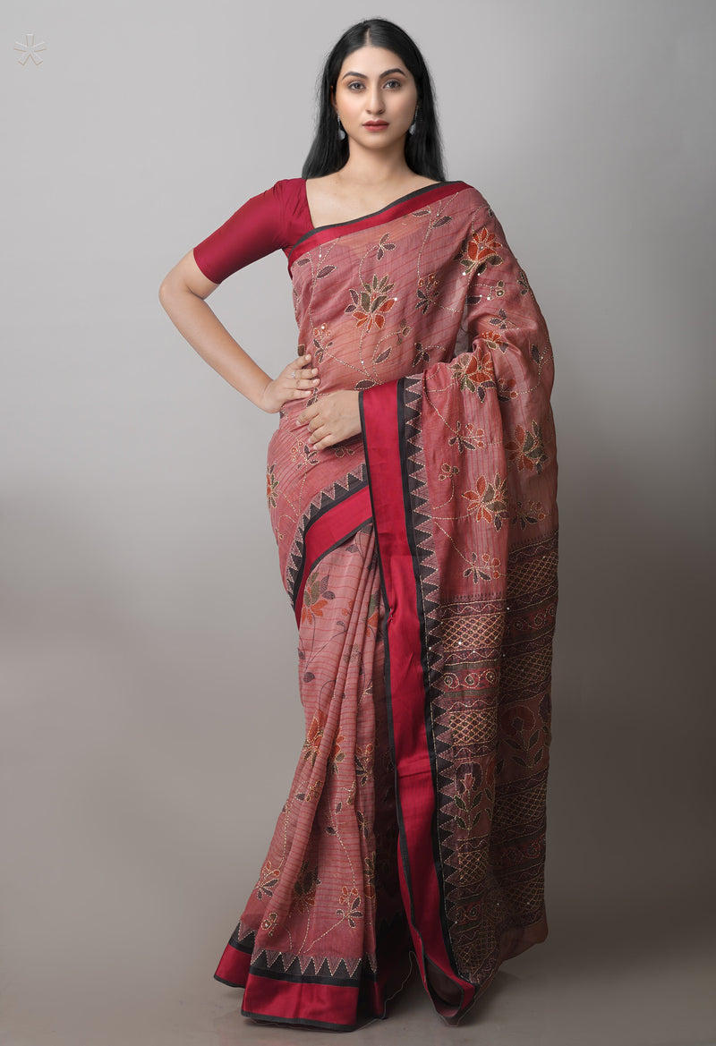 Pale Burgundy Screen Printed Chanderi Sico Saree With Thread Knot and Kantha Work -UNM71442