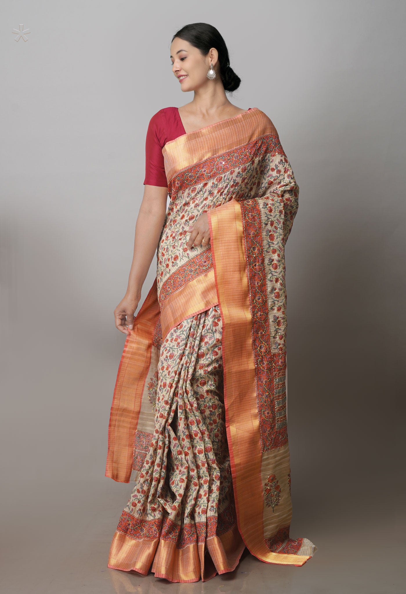 Brown Hand Block Printed Bengal Tussar Silk Saree With Chips and Hand Kantha work