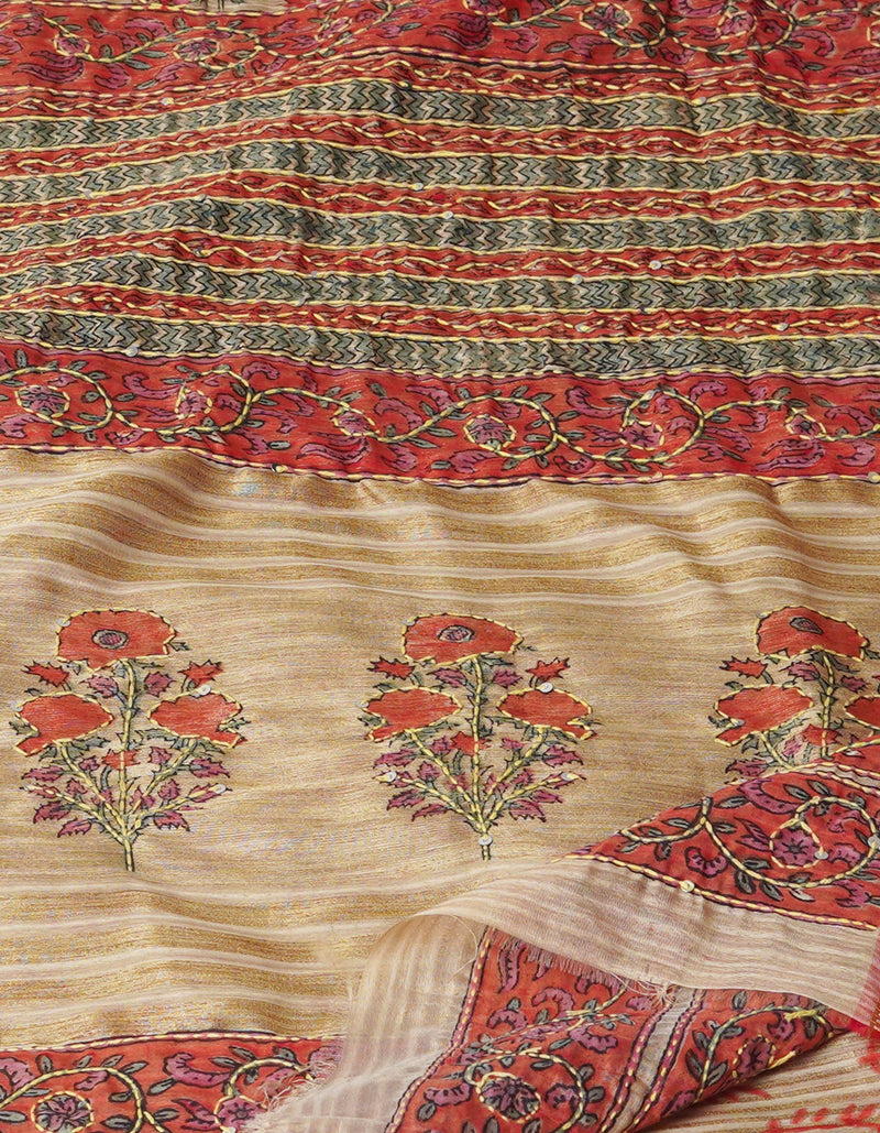 Brown  Hand Block Printed Bengal Tussar Silk Saree With Chips and Hand Kantha work-UNM71443
