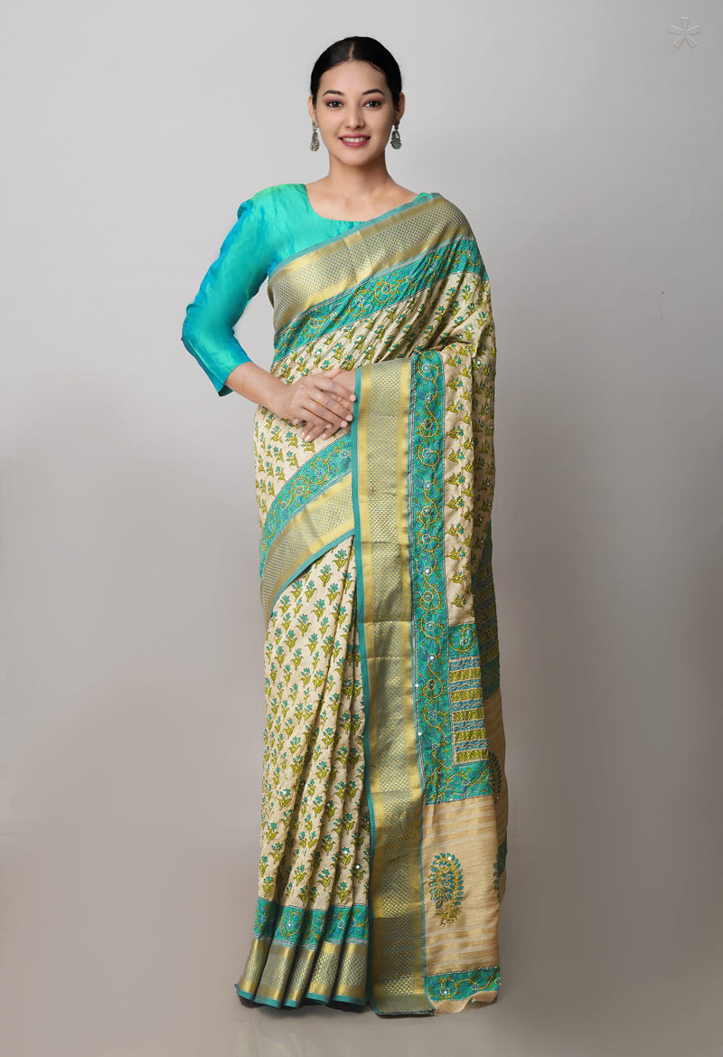 Brown  Hand Block Printed Bengal Tussar Silk Saree With Chips and Hand Kantha work-UNM71444