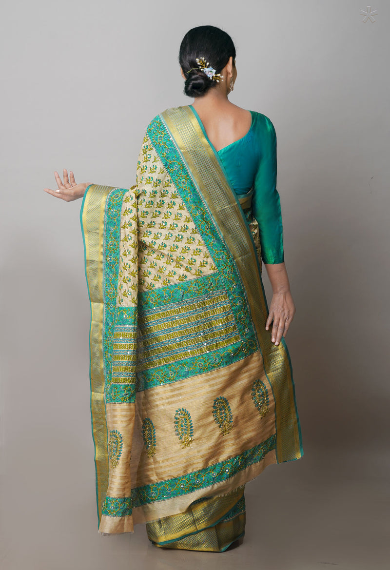 Brown  Hand Block Printed Bengal Tussar Silk Saree With Chips and Hand Kantha work-UNM71444