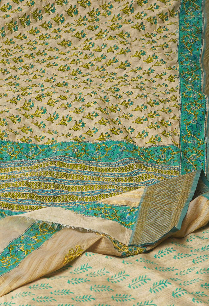 Brown  Hand Block Printed Bengal Tussar Silk Saree With Chips and Hand Kantha work-UNM71444