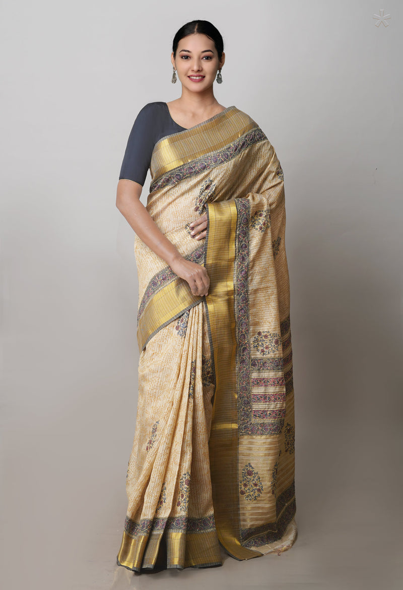 Brown  Hand Block Printed Bengal Tussar Silk Saree With Chips and Hand Kantha work-UNM71445