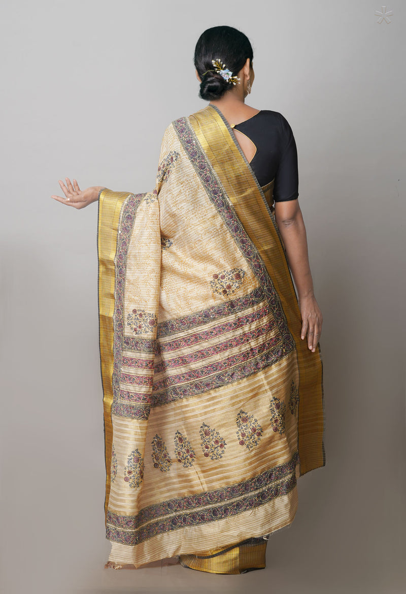 Brown  Hand Block Printed Bengal Tussar Silk Saree With Chips and Hand Kantha work-UNM71445