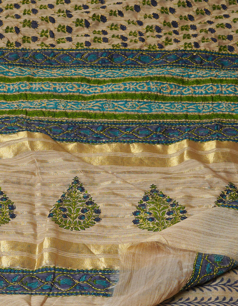 Brown  Hand Block Printed Bengal Tussar Silk Saree With Chips and Hand Kantha work-UNM71446