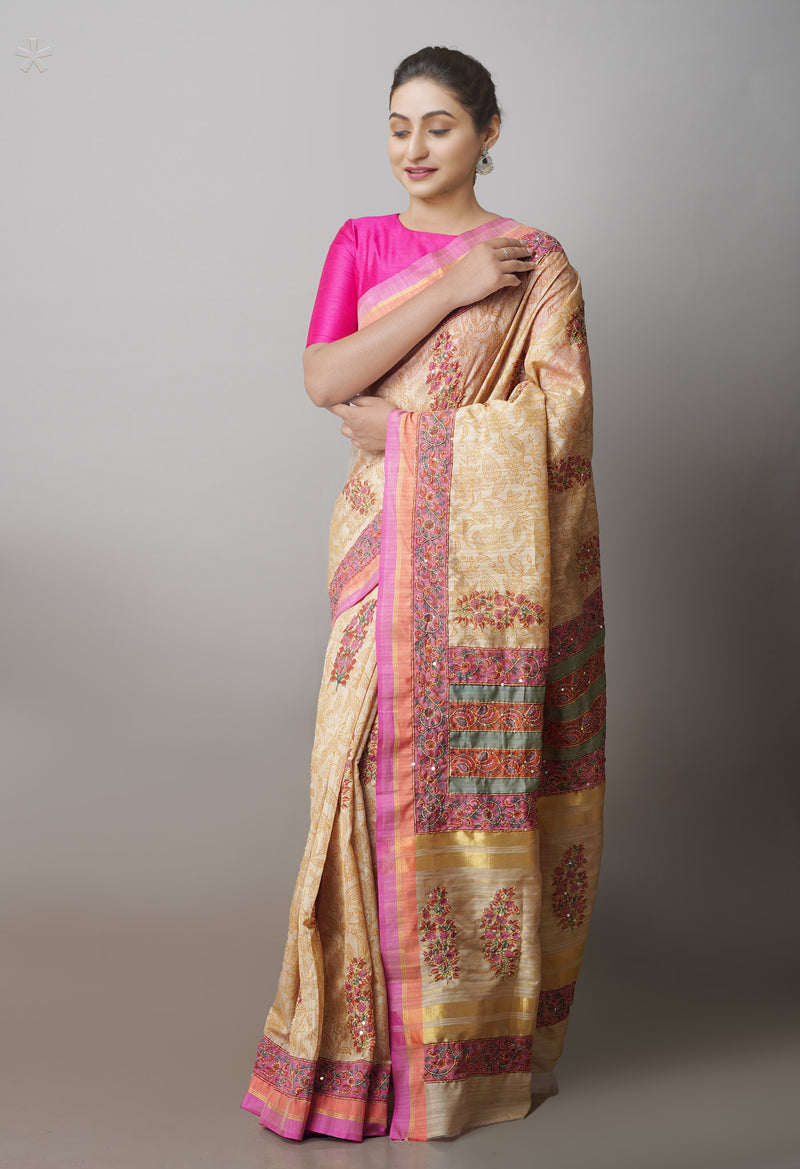 Brown  Hand Block Printed Bengal Tussar Silk Saree With Chips and Hand Kantha work-UNM71447